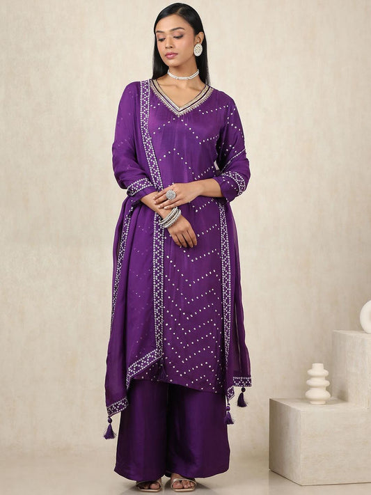 Dhiyona SO Women's Bandhani Printed V-Neck Beads And Stones Straight Kurta With Palazzos And Dupatta