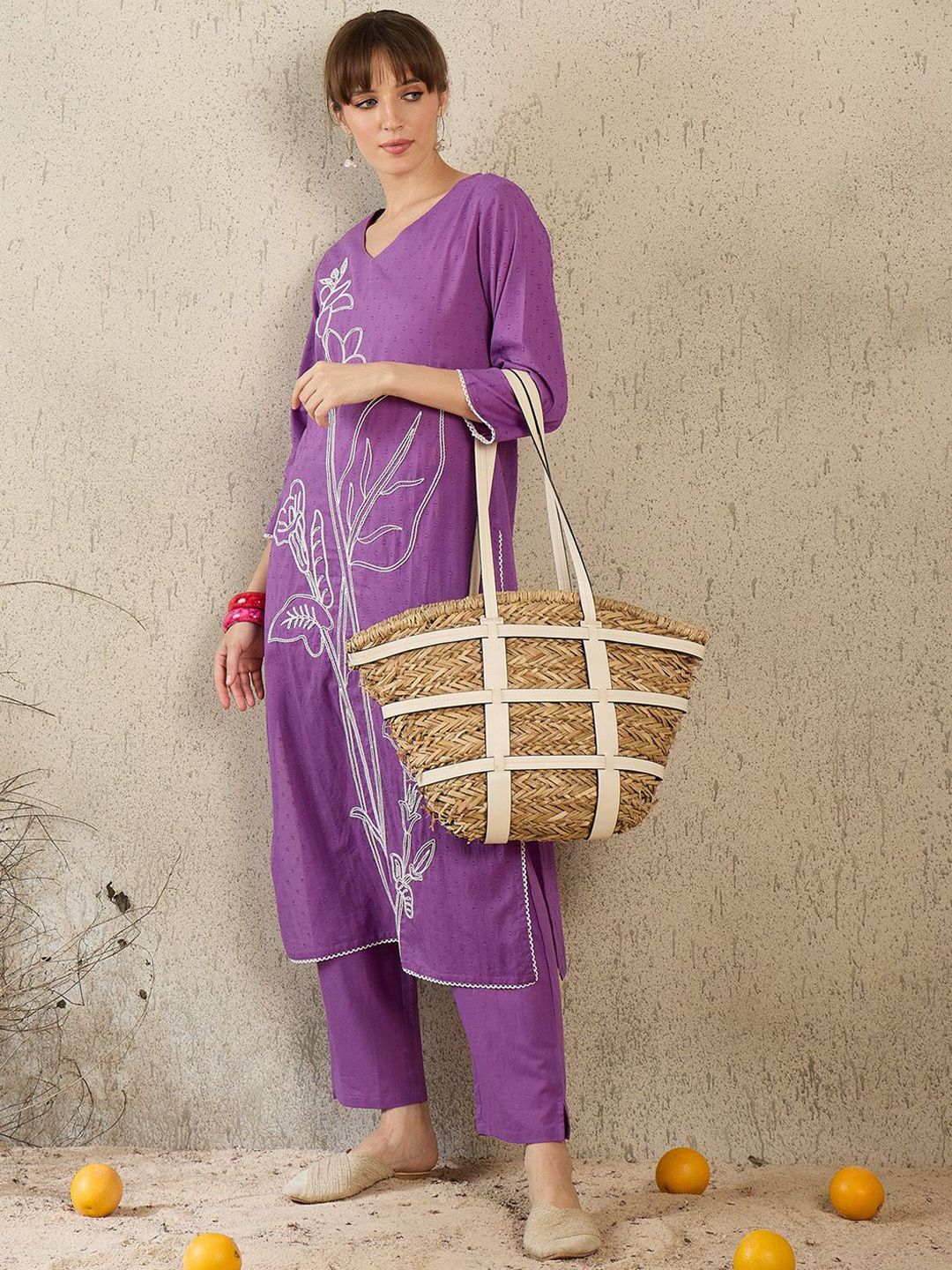 Dhiyona IE Women Embroidered V-Neck Cotton Top and Trousers Co-Ords