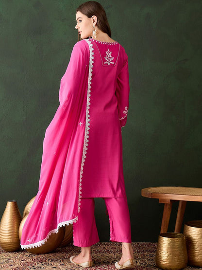 Dhiyona SN Women's Pink Floral Embroidered V-Neck A-Line Kurta & Trousers With Dupatta