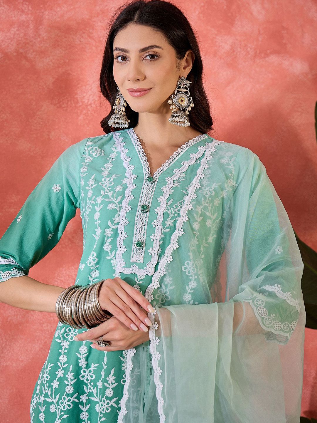 Dhiyona SN Women's Floral Embroidered Cotton Kurta with Trousers & Dupatta