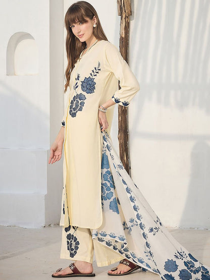 Floral Printed Straight Kurta With Palazzos & Dupatta