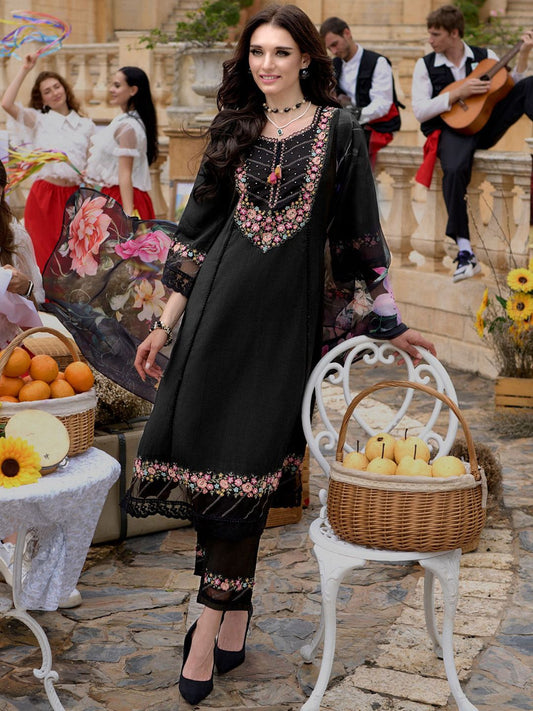 Dhiyona IE Women Floral Embroidered Regular Thread Work Kurta with Trousers & With Dupatta