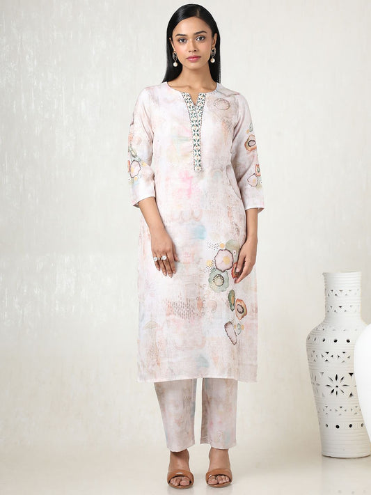 Dhiyona SO Women's Women Floral Printed Regular Thread Work Linen Kurta with Trousers