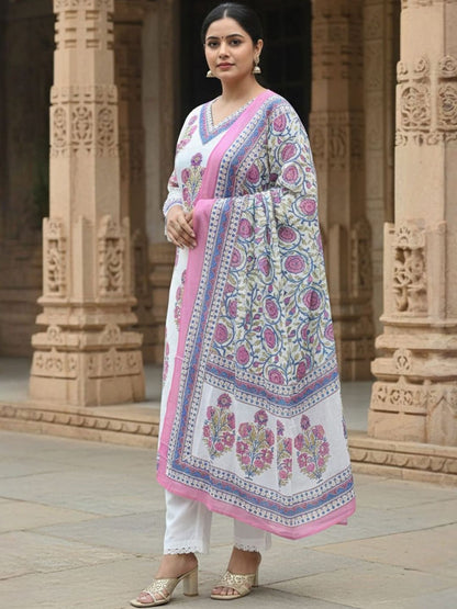 Women Floral Printed Regular Pure Cotton Kurta with Trousers & With Dupatta