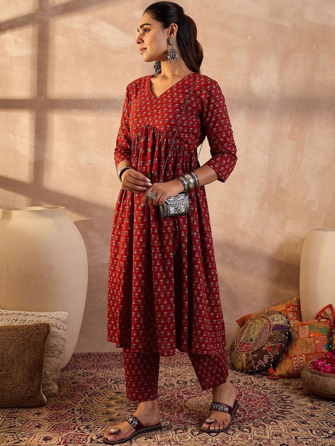 Ethnic Motifs Printed A-Line Pure Cotton Kurta With Trousers
