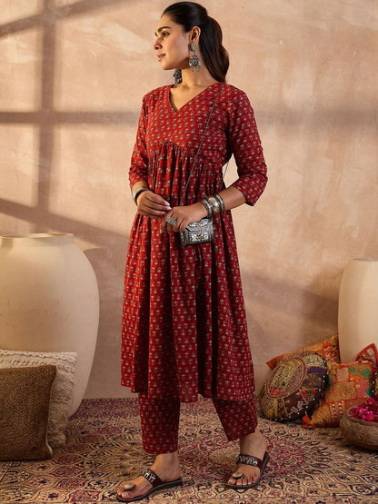 Ethnic Motifs Printed A-Line Pure Cotton Kurta With Trousers