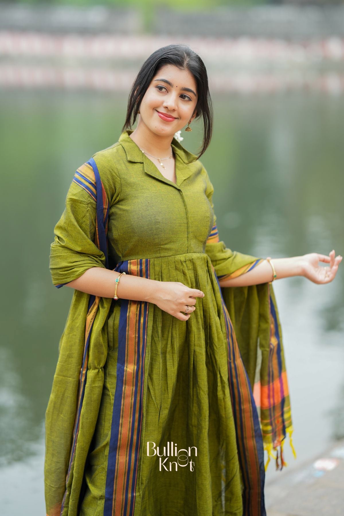 Dhiyona BN Syahi Handloom Olive Green Collar-Neckline Suit Set