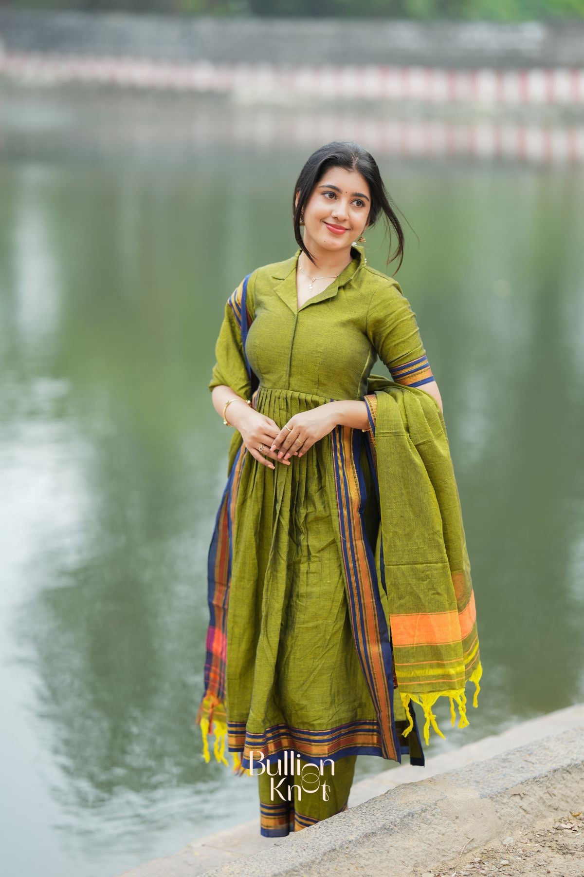 Dhiyona BN Syahi Handloom Olive Green Collar-Neckline Suit Set