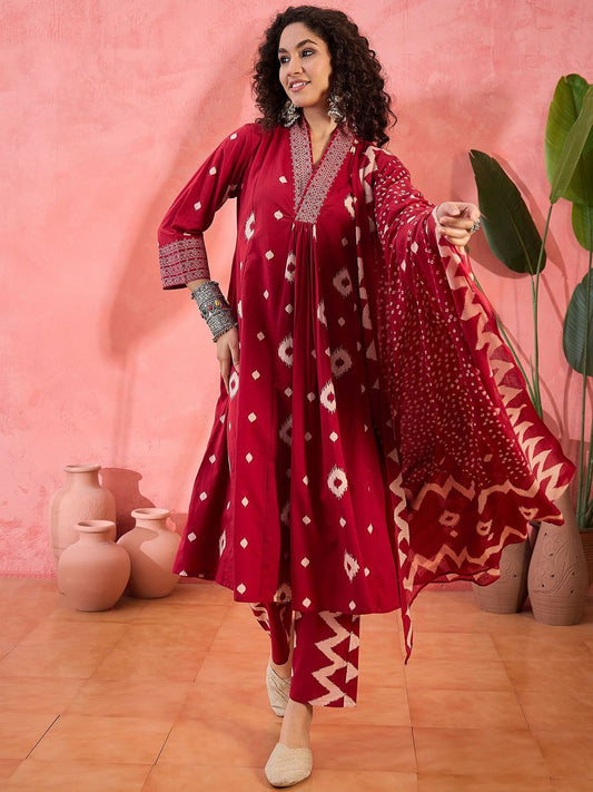 Dhiyona SN Women's Geometric Printed V-Neck Pleated Pure Cotton A-Line Kurta With Trouser And Dupatta
