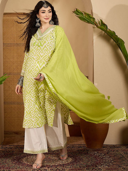 Dhiyona SN Women's Geometric Printed Pure Cotton Kurta with Palazzo & Dupatta