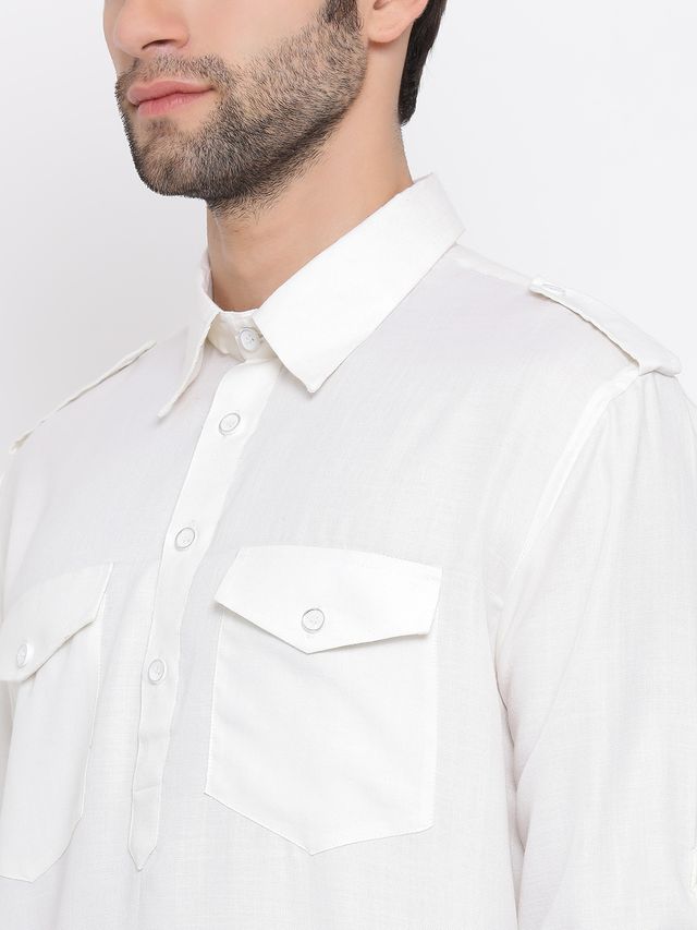 Men's Cream Cotton Blend Pathani Pathani Kurta Set