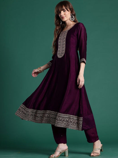 Women Ethnic Motifs Embroidered Panelled Thread Work Kurta with Trousers & With Dupatta