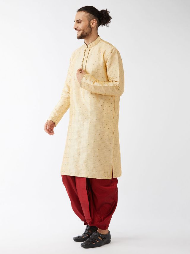 Men's Beige Silk Blend Straight Kurta and Dhoti Set
