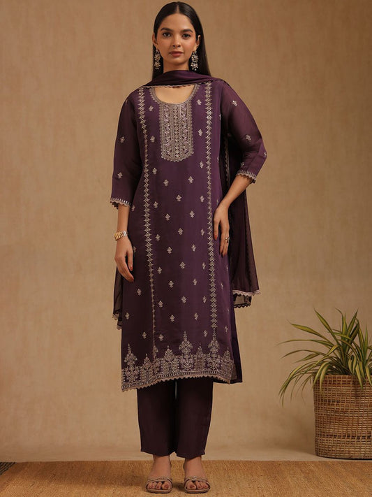 Dhiyona SO Women's Floral Embroidered Sequinned Straight Kurta With Trousers & Dupatta
