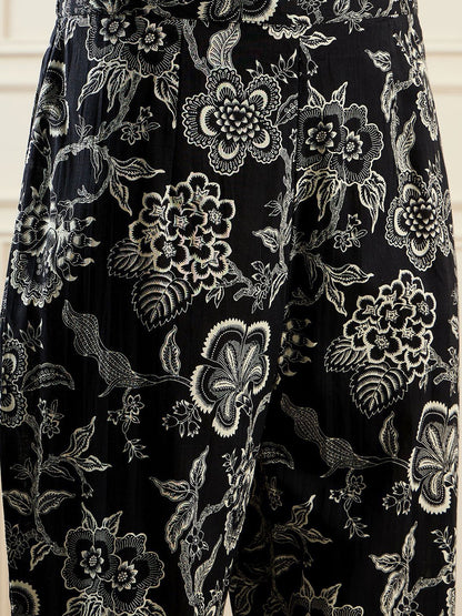 Dhiyona IE Floral Printed Mandarin Collar Pure Cotton Tunic Top With Trousers