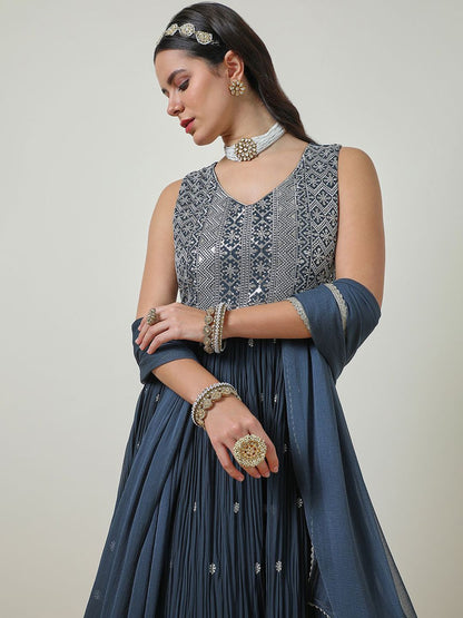 Dhiyona SO Women's Grey Floral Embroidered Sequinned Georgette Anarkali Kurta With Churidar & Dupatta