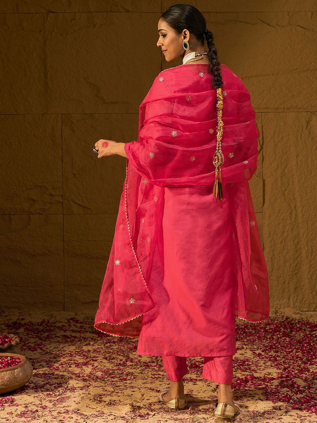 Dhiyona IE Leheriya Embroidered Thread Work Chanderi Silk Kurta With Trousers & Dupatta