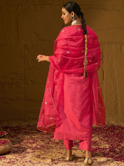 Dhiyona IE Leheriya Embroidered Thread Work Chanderi Silk Kurta With Trousers & Dupatta