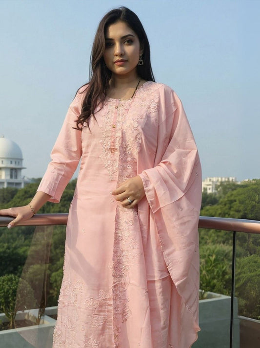 Women Floral Embroidered Cotton Kurta with Trousers & Dupatta