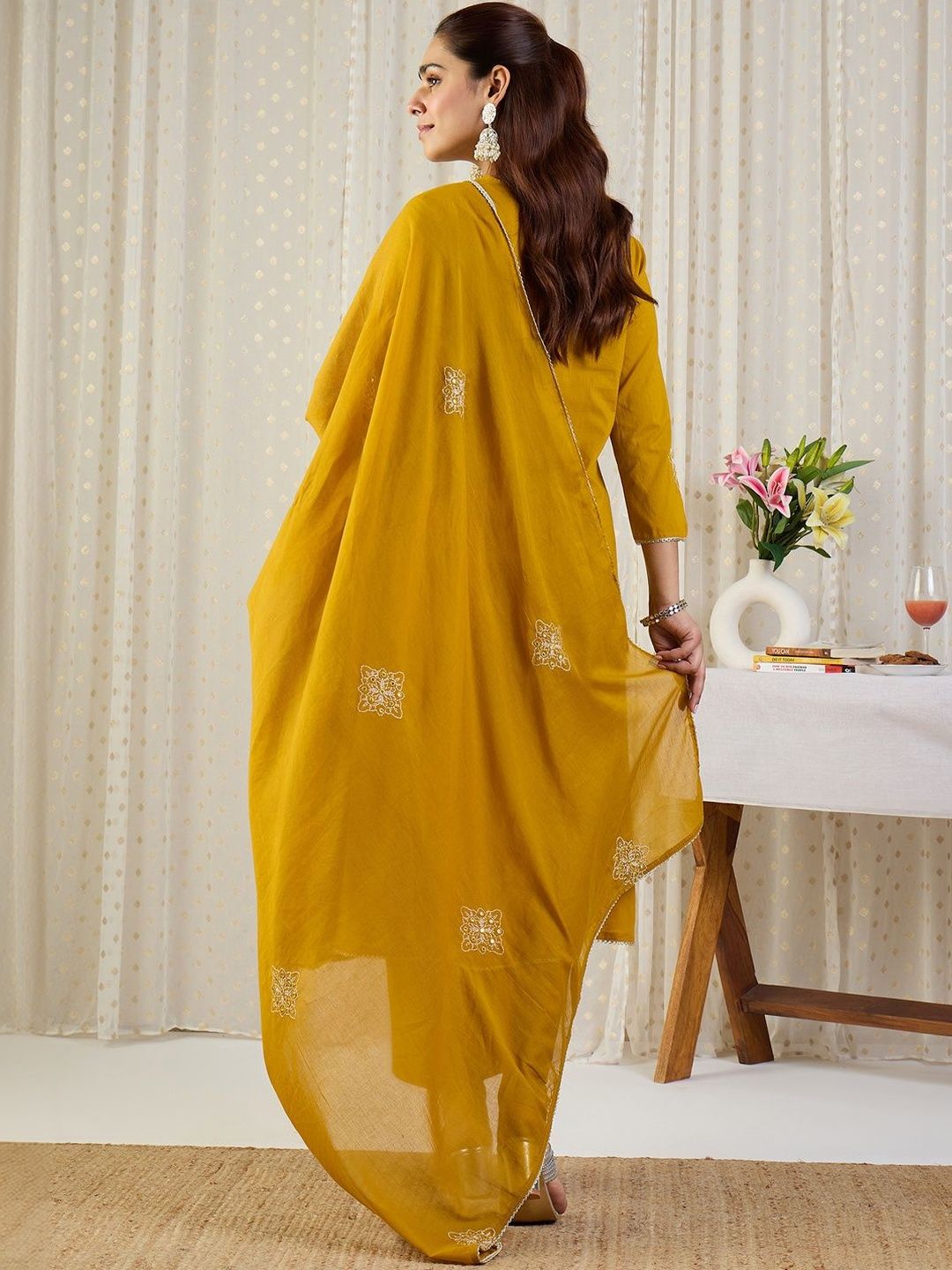 Women Embroidered Pleated Thread Work Pure Cotton Kurta & Trousers With Dupatta