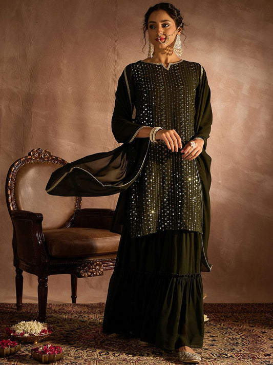 Dhiyona IE Ethnic Motifs Embroidered Sequinned Straight Kurta With Sharara & Dupatta