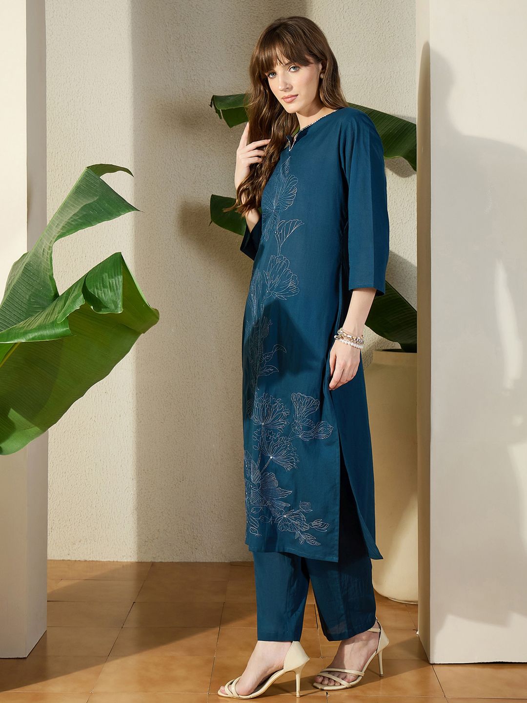 Women Pure Cotton Floral Embroidered Regular Thread Work Kurta With Trousers