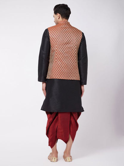 Men's Black Silk Blend Straight Jacket  Kurta and Dhoti Set
