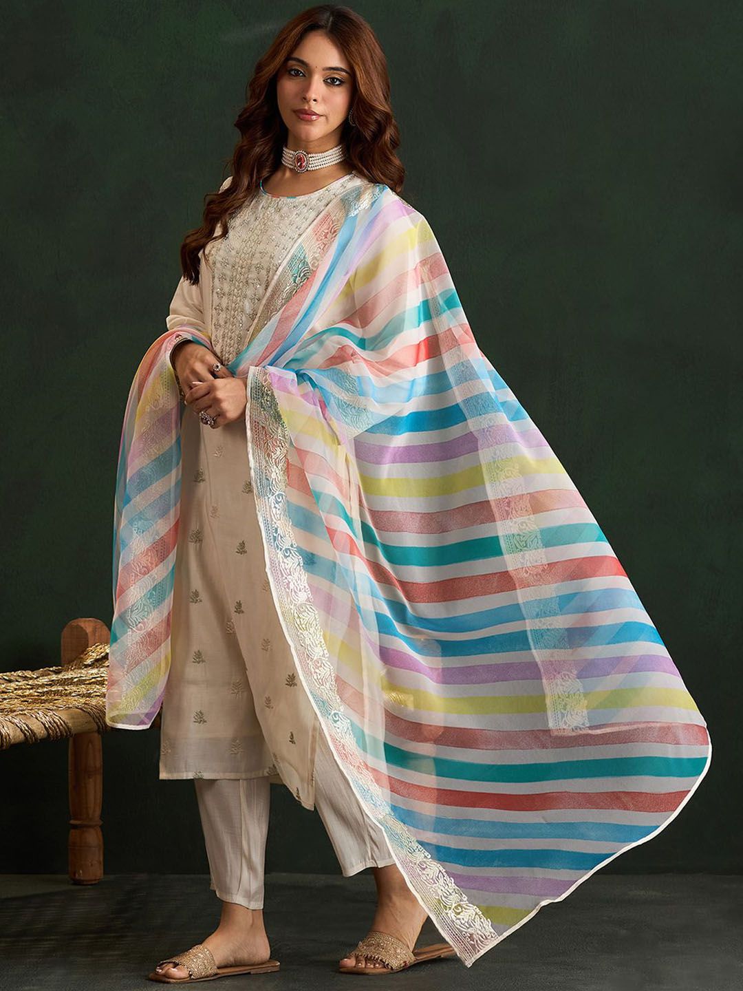 Cream Coloured Floral Embroidered Pure Cotton Kurta with Trousers & Dupatta