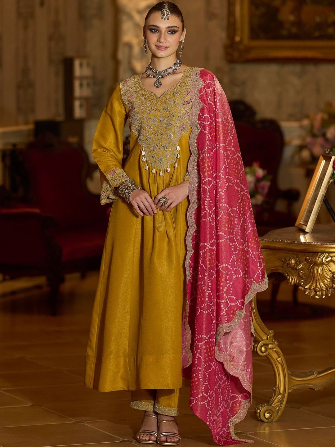 Dhiyona IE Ethnic Motifs Embroidered A-Line Bandhani Zari Kurta With Trousers & Dupatta