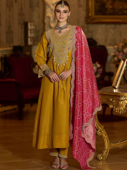 Ethnic Motifs Embroidered A-Line Bandhani Zari Kurta With Trousers & Dupatta