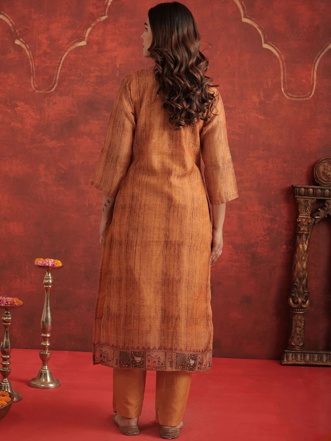 Motifs Printed Chanderi Cotton Round Neck Straight Kurta With Trousers & Dupatta