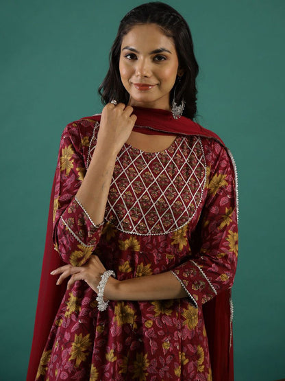 Dhiyona SN Women's Floral Printed Gotta Patti Pure Cotton Anarkali Kurta & Trousers With Dupatta