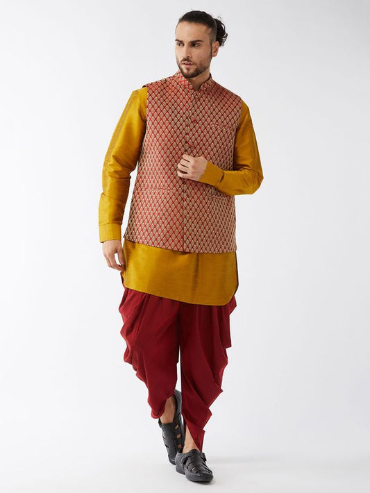 Men's Mustard Silk Blend Straight Jacket  Kurta and Dhoti Set
