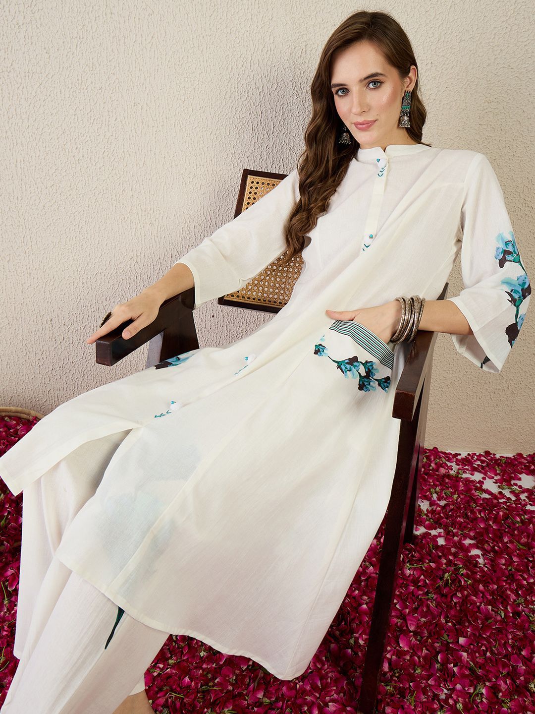 Floral Printed Mandarin Collar Pure Cotton A-Line Kurta With Trouser