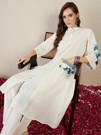 Floral Printed Mandarin Collar Pure Cotton A-Line Kurta With Trouser