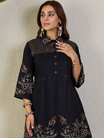Women Floral Embroidered Thread Work Pure Cotton A-Line Kurti with Trousers