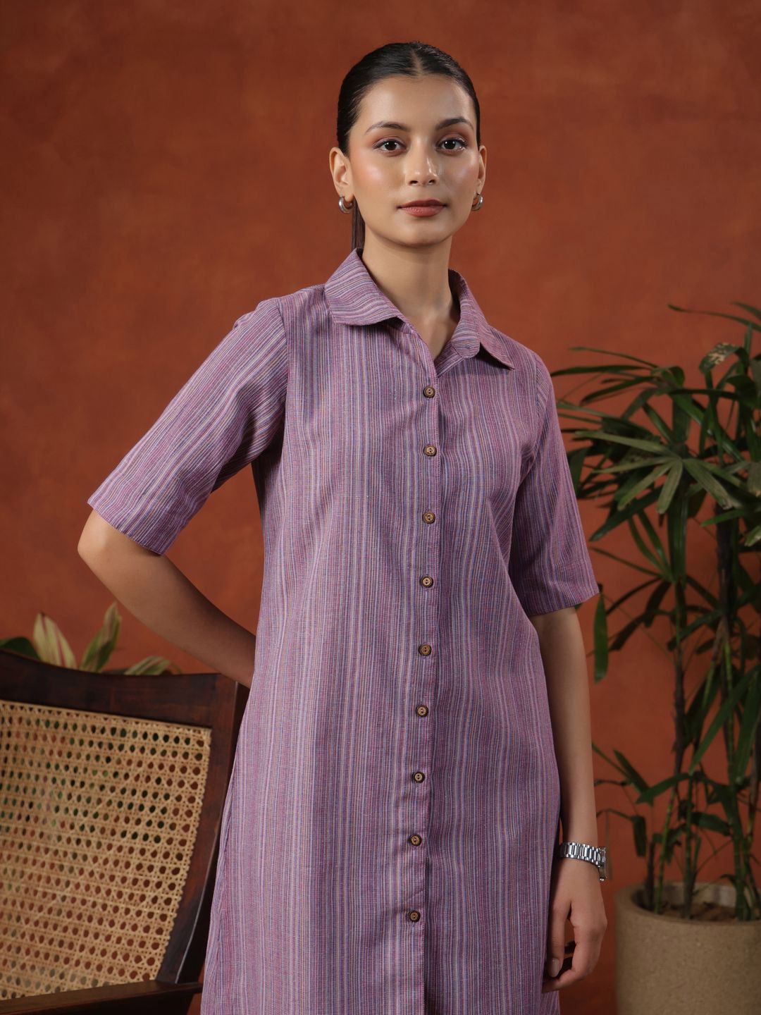 Dhiyona AY Women's Striped Cotton Shirt Dress