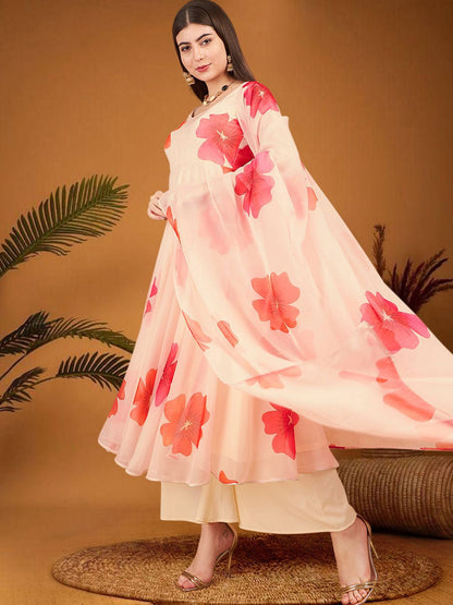 Dhiyona SN Women's Floral Printed Round Neck Organza Kurta With Palazzo And Dupatta
