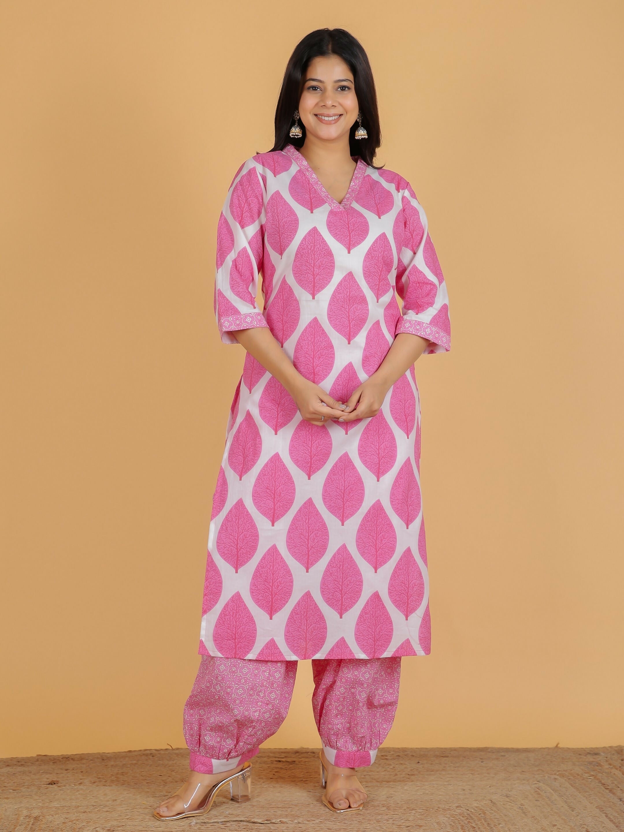 Women's Pink Soft Cotton Floral Print Straight Kurta Salwar Set for Women