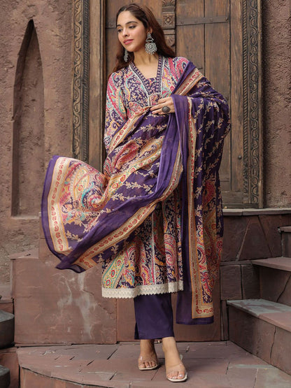 Dhiyona RR Women's Paisley Printed Thread Work Pure Cotton Kurta with Trousers & Dupatta