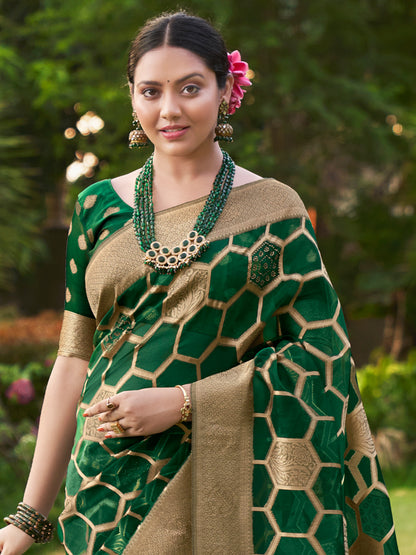 Women's Organza Green Embellished Designer Saree With Blouse Piece