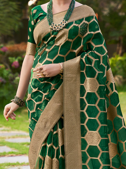 Women's Organza Green Embellished Designer Saree With Blouse Piece