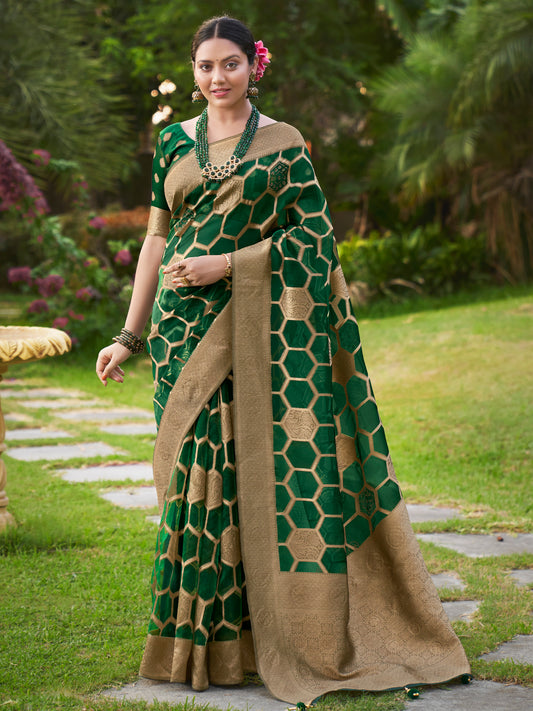Women's Organza Green Embellished Designer Saree With Blouse Piece