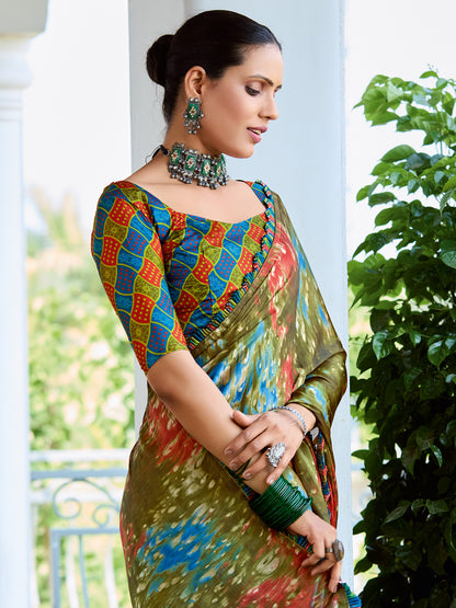 Women's Satin Silk Olive Printed Designer Saree With Blouse Piece