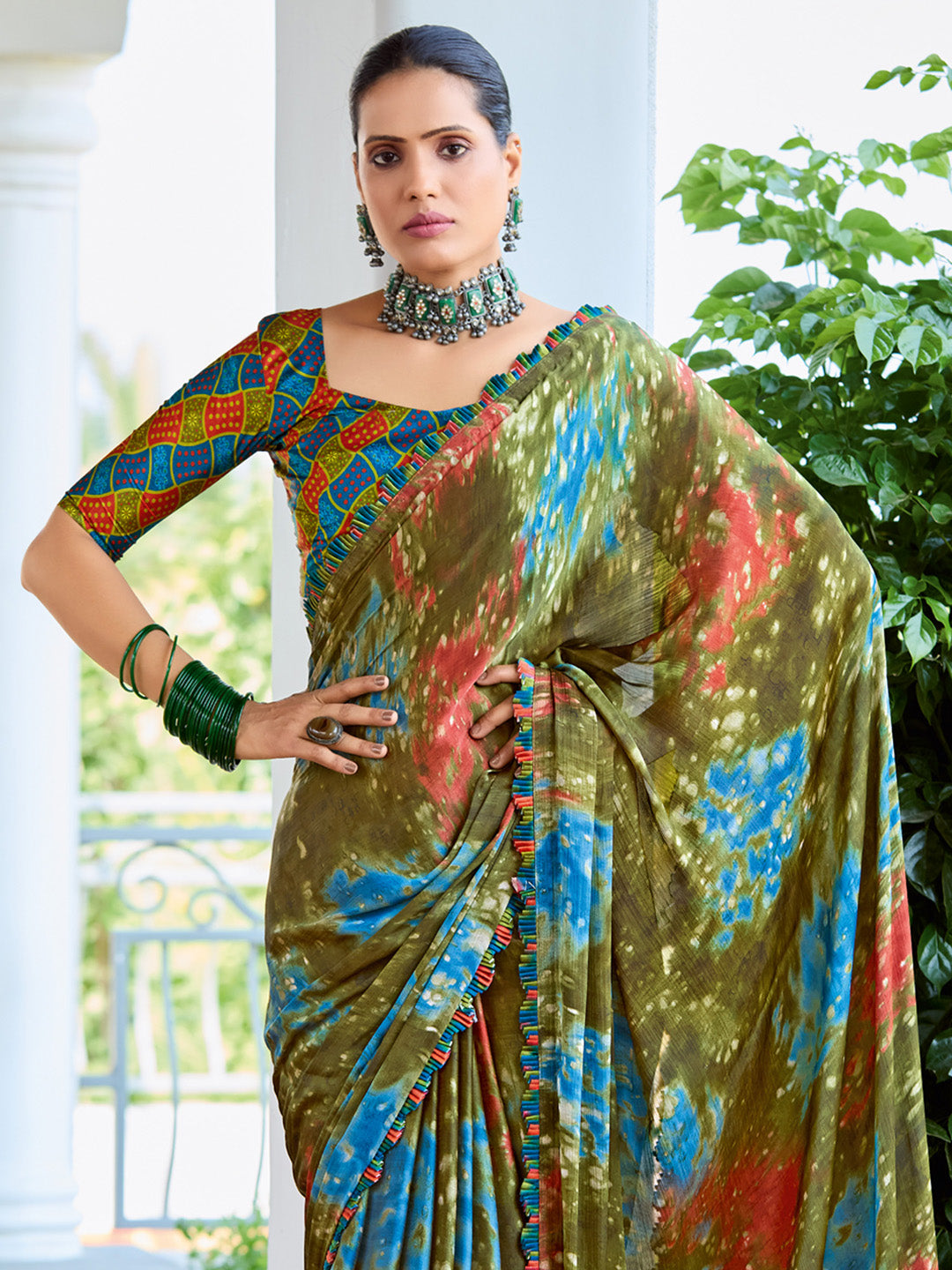 Women's Satin Silk Olive Printed Designer Saree With Blouse Piece