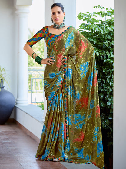 Women's Satin Silk Olive Printed Designer Saree With Blouse Piece