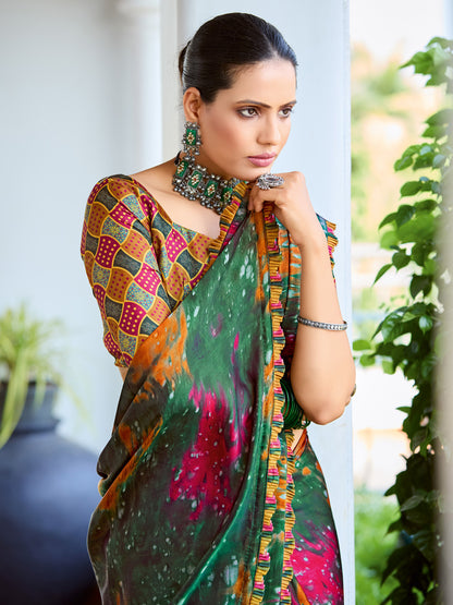 Women's Satin Silk Mustard Printed Designer Saree With Blouse Piece