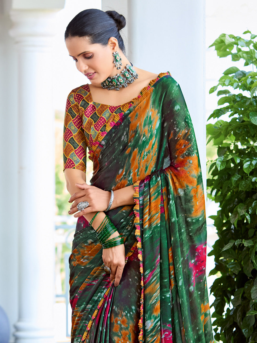 Women's Satin Silk Mustard Printed Designer Saree With Blouse Piece