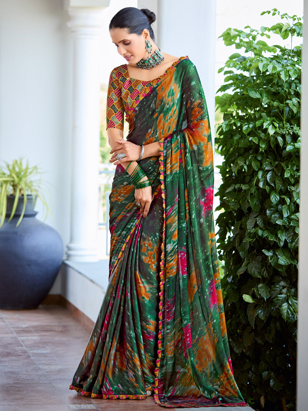 Women's Satin Silk Mustard Printed Designer Saree With Blouse Piece