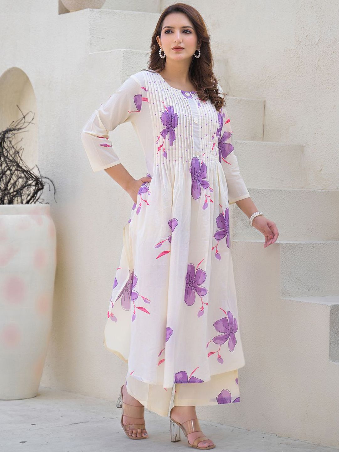 Dhiyona IE Floral Printed Round Neck Pure Cotton Tunic With Palazzo
